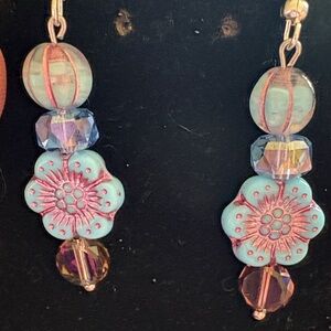 Hand Crafted Blue and Pink AB Crystal Floral Earrings
